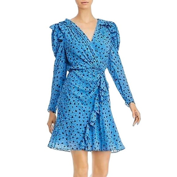 Rebecca Taylor Womens Nova Dot Clip Silk Wrap Mini Dress Long Sleeve Blue Size 0 - Picture 3 of 13